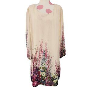 NWT Women's DJT Fashions Floral Dress Cream XL Flowy Sheer Sleeves Easter Party